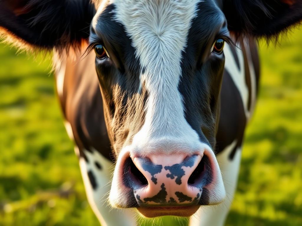 Close-up of a healthy Holstein Friesian cow in a green field