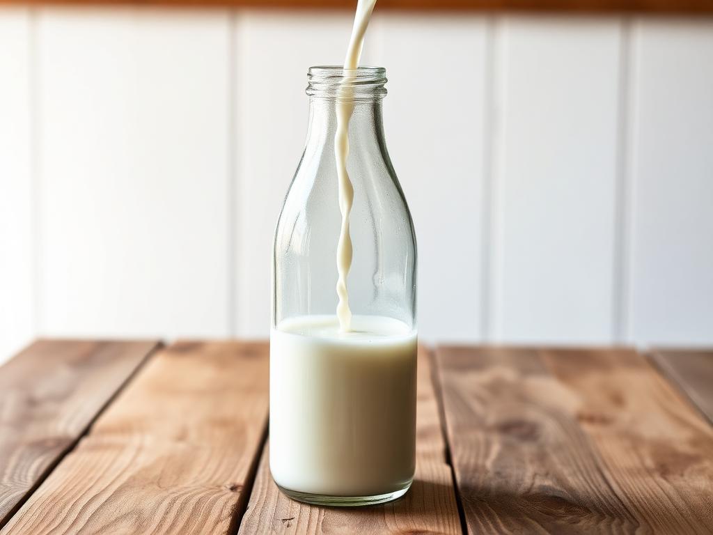 Fresh milk being poured into a glass bottle