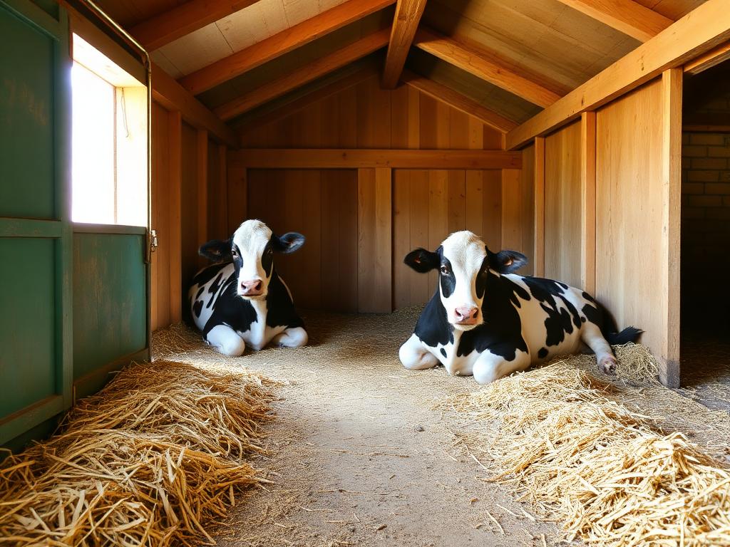 Two cows resting on fresh straw in a clean barn